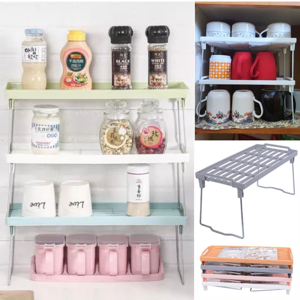 Foldable kitchen storage rack with steel legs and plastic shelf in pantry