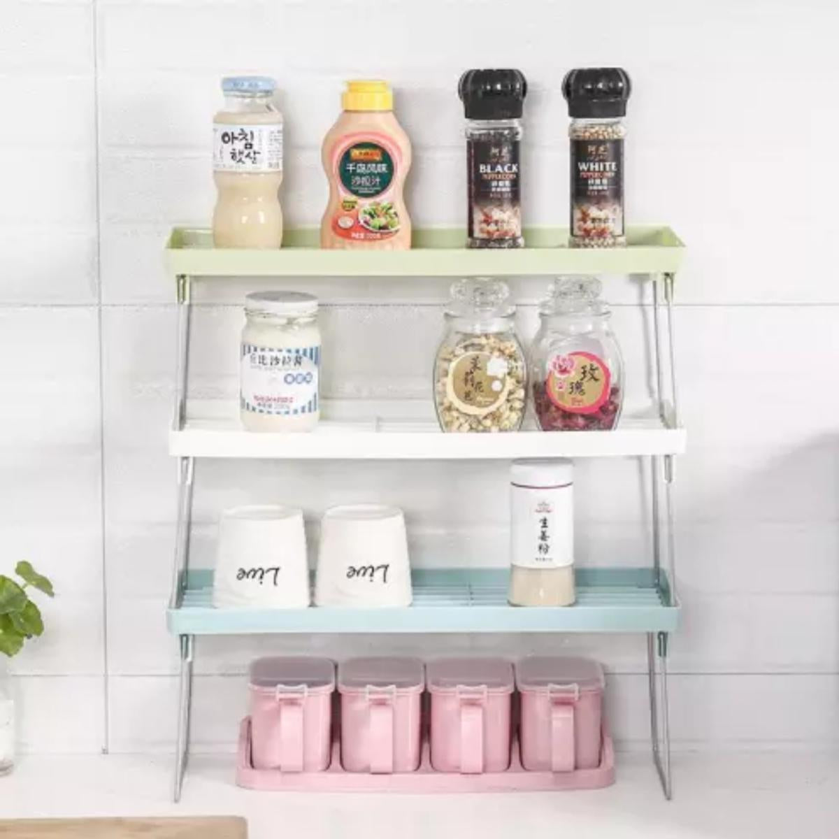 Set of 3 stackable kitchen shelves for maximizing cabinet space