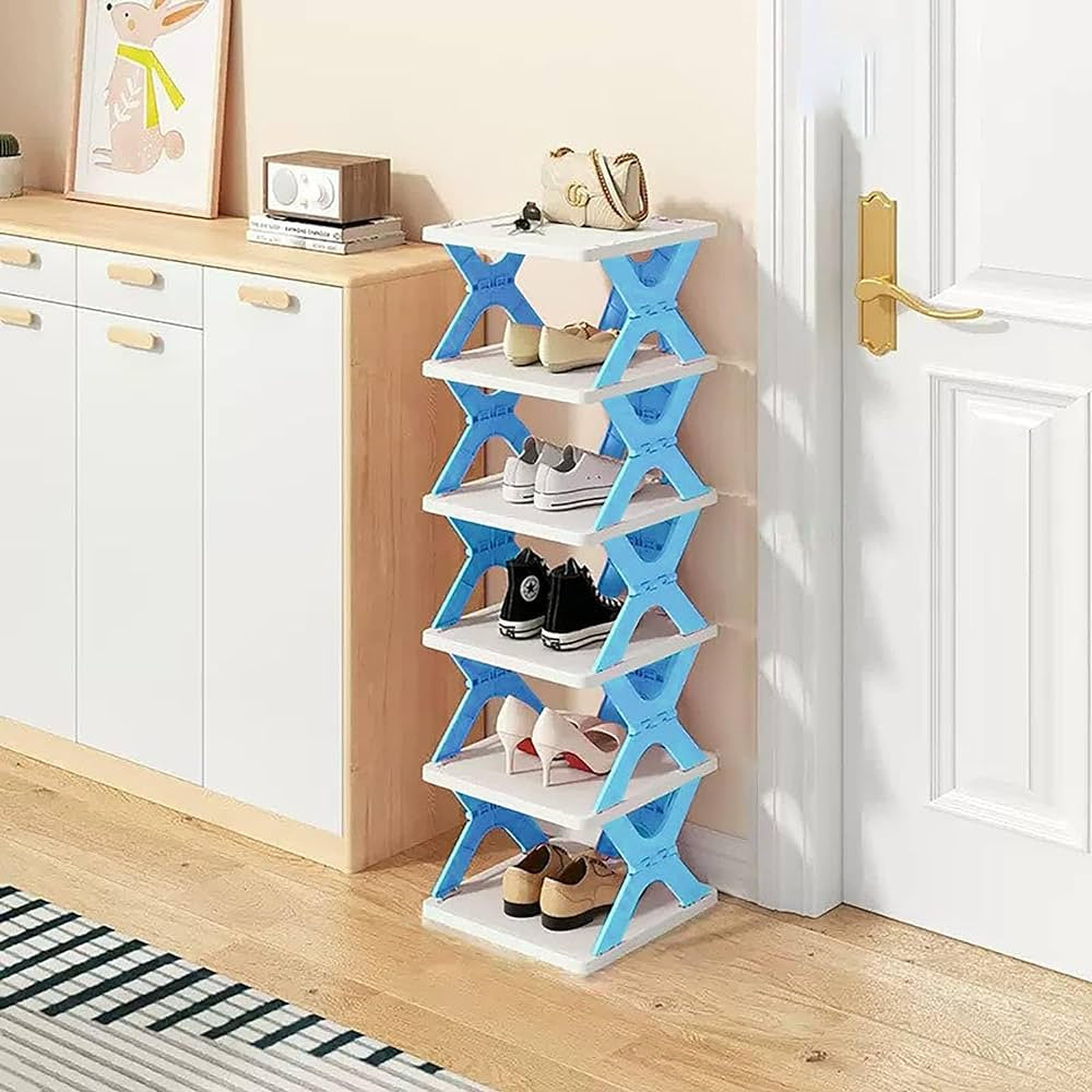 Plastic storage rack in random color used for kitchen pantry items and jars.
