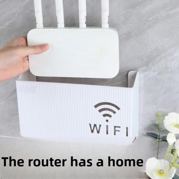 WiFi router and modem organized on blue wall-mounted shelf