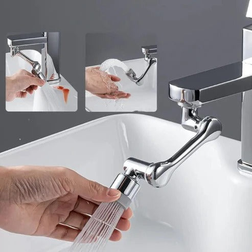 1080° Rotating Faucet Extender installed on a kitchen sink, spraying water.