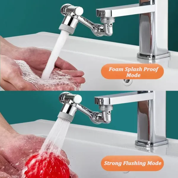Close‑up of universal splash filter faucet nozzle with dual water modes.