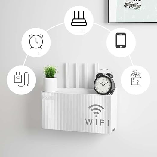 Modern wall-mounted router storage box in white, in a home office