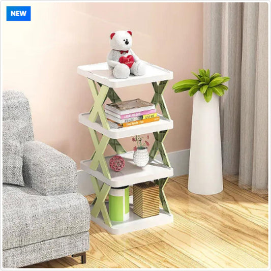 Stackable 5-layer shoe rack in random color neatly holding sneakers, heels, and sandals.