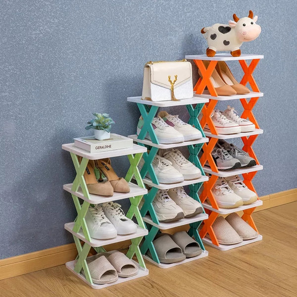Freestanding shoe rack in random color with adjustable layers for boots and shoes