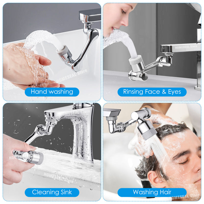 Faucet extender demonstrating full rotation and spray mode on bathroom sink