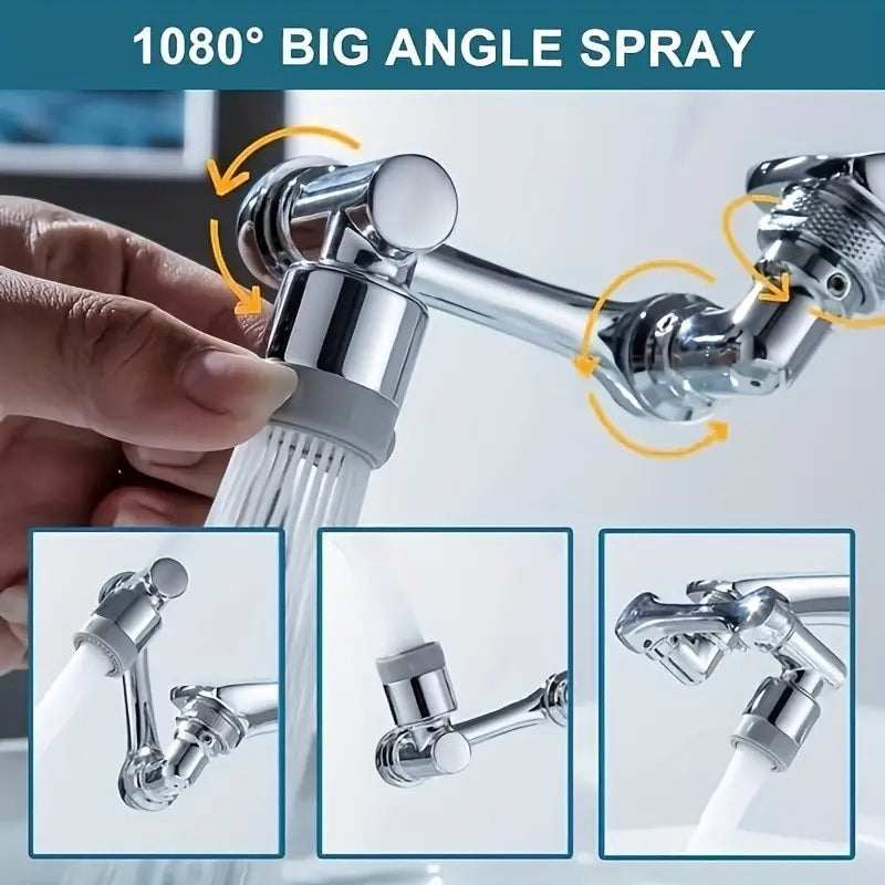 Multi-angle faucet extender installed on bathroom tap with dual water flow modes