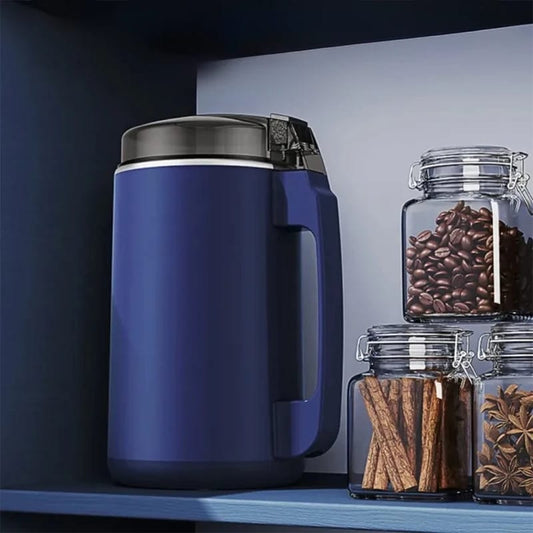 Homiq electric coffee grinder with 8-blade stainless steel design on kitchen counter