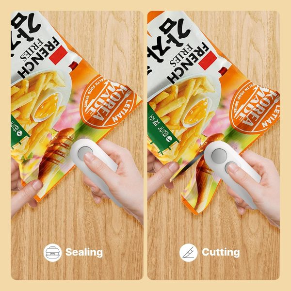 USB rechargeable 2-in-1 heat sealer and cutter sealing a snack bag