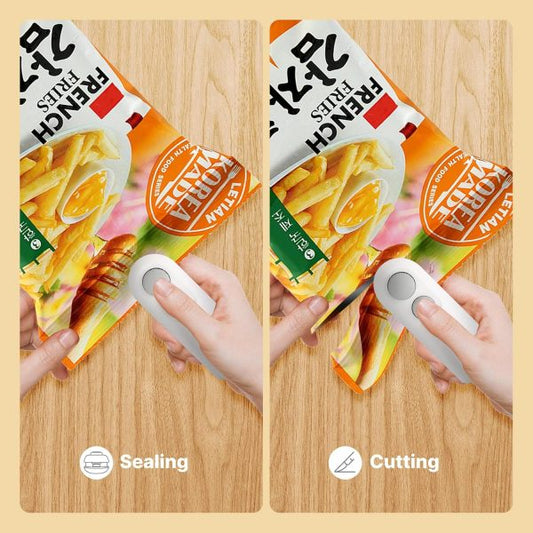 USB rechargeable 2-in-1 heat sealer and cutter sealing a snack bag