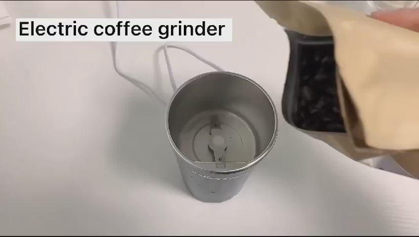 Video showing Homiq Electric Coffee & Spice Grinder’s 8 blades quickly grinding coffee beans and spices into a fine texture