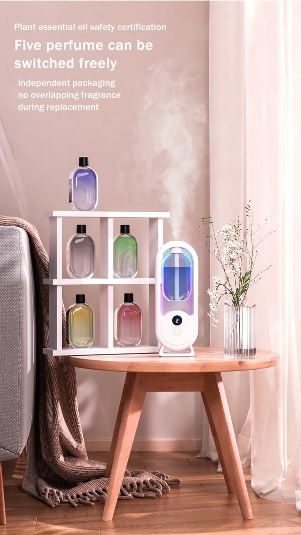 Close-up of 5-mode air freshener on bedside table